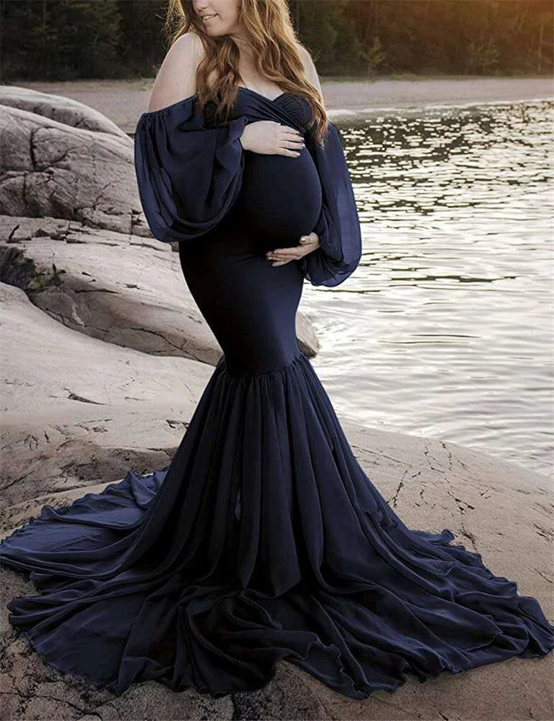 Shoulderless maternity maxi dress casual dark blue CHINA by Baby Minaj Cruz