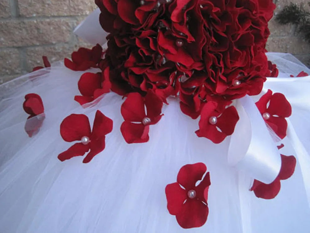 White Tutu Dress With Red Petals Flower and Ribbon by Baby Minaj Cruz