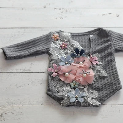 Twins Lace Flower Romper For Girls GRAY by Baby Minaj Cruz