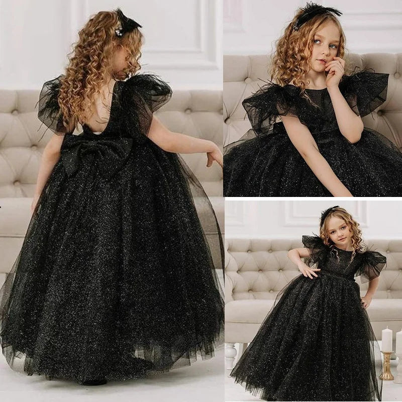 Backless Black Tulle Shiny Flower Girl Dresses by Baby Minaj Cruz