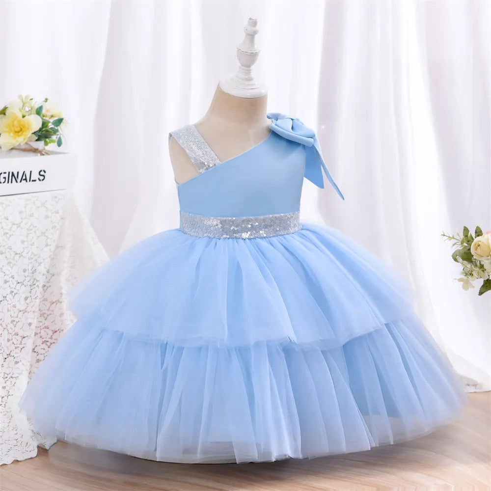 Shoulderless Tulle Layers Flower Girl Dresses Blue by Baby Minaj Cruz