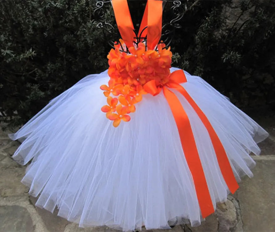 White Tutu Dress With Red Petals Flower and Ribbon orange by Baby Minaj Cruz