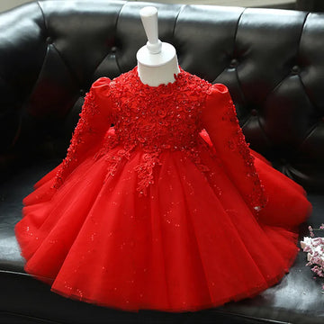 Red Flower Girl Dress Long Sleeve for Wedding by Baby Minaj Cruz