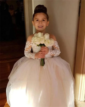 Cute Ball Gown White Flower Girl Dresses With Long Sleeves by Baby Minaj Cruz