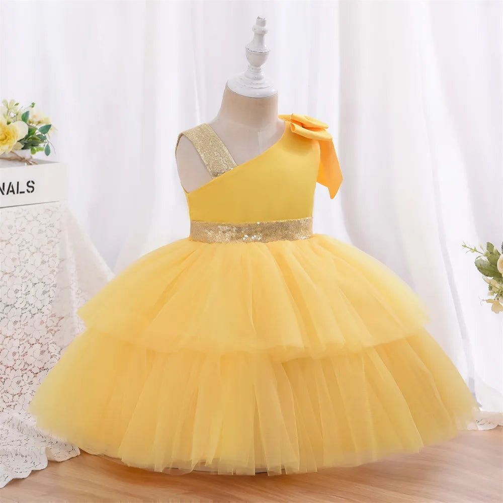 Shoulderless Tulle Layers Flower Girl Dresses Yellow by Baby Minaj Cruz