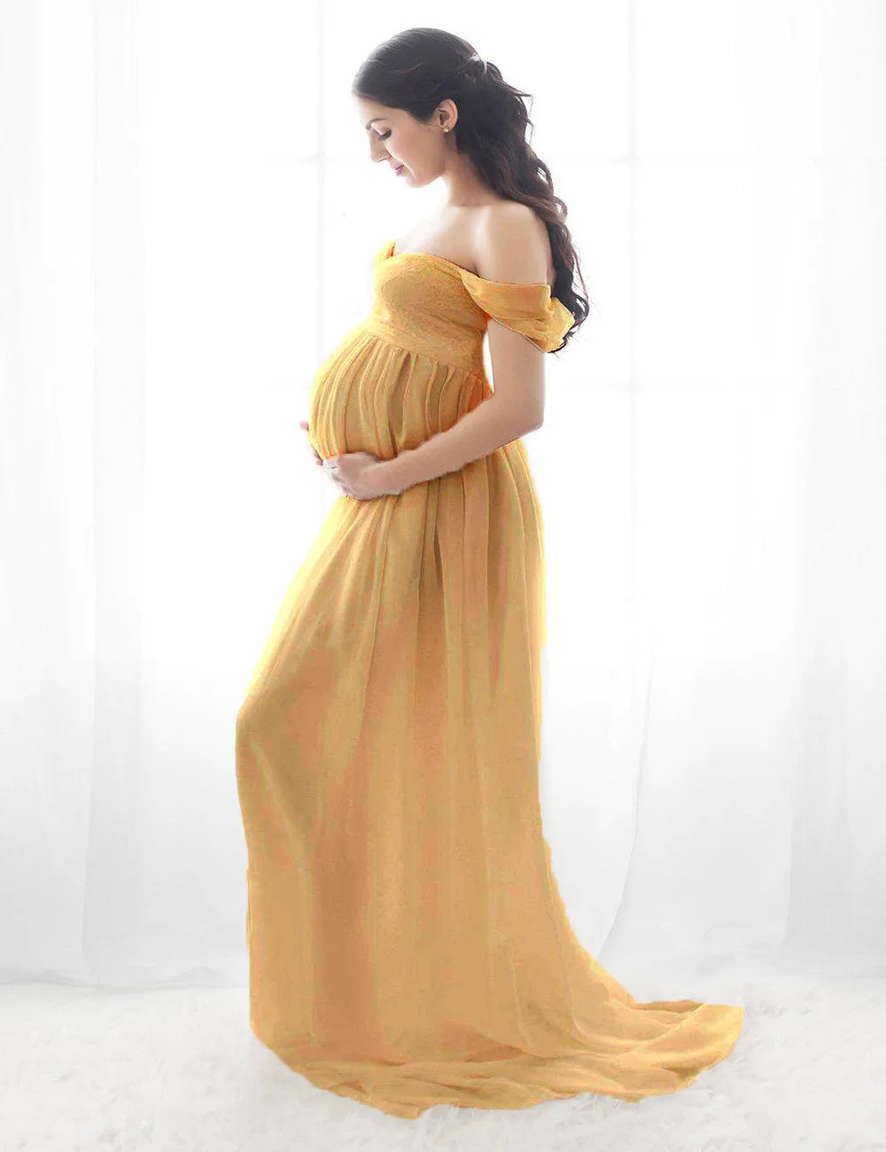 Shoulderless Maxi Maternity Dresses For Baby Shower Yellow by Baby Minaj Cruz
