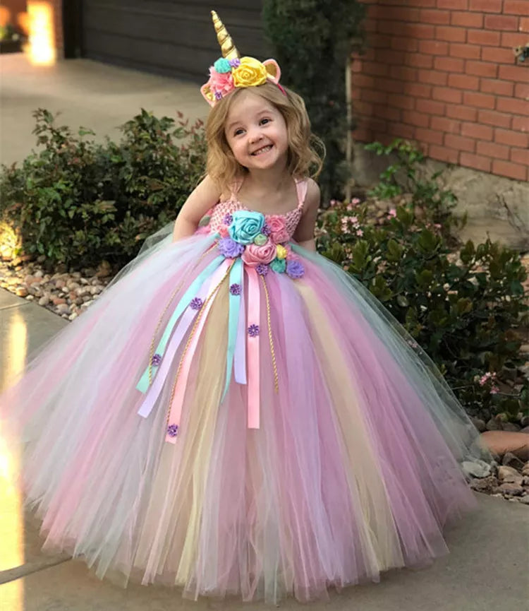 Unicorn Tulle flower girl dresses for babies Mid-Calf Length 6M-9Years dress with hairbow by Baby Minaj Cruz