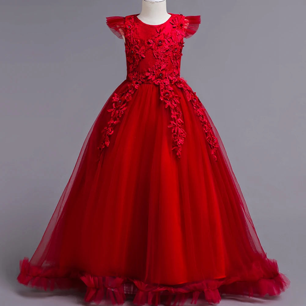 Long Sleeve Tulle Lace Flower Girl Dresses Red by Baby Minaj Cruz
