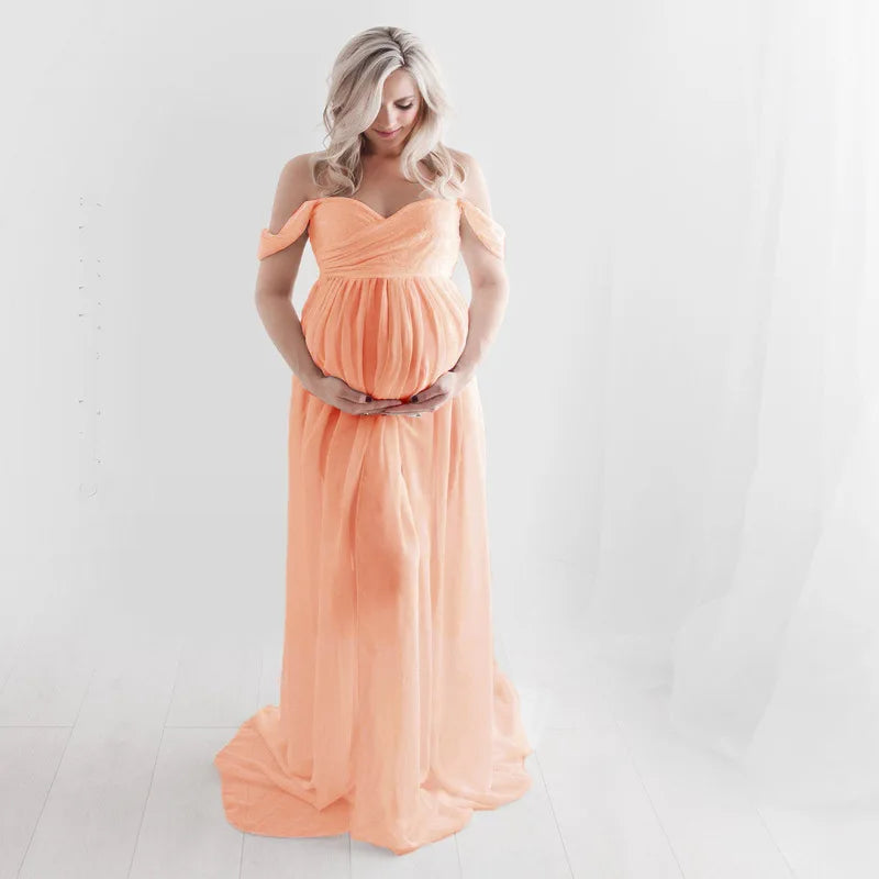 Shoulderless Maxi Maternity Dresses For Baby Shower Orange by Baby Minaj Cruz