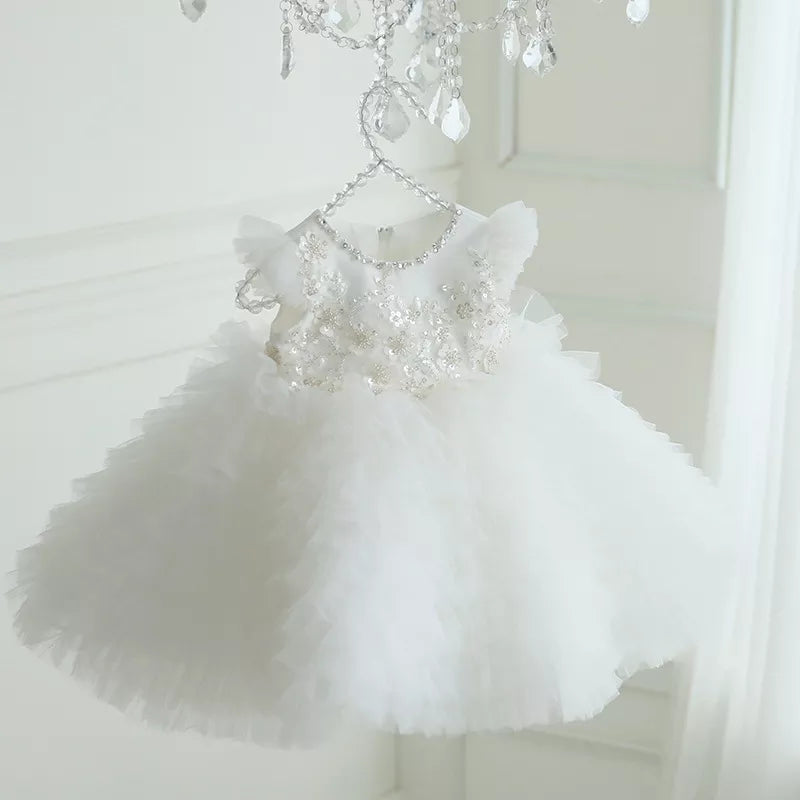 Princess White Flower Girl Dress Short sleeves 12M-8Years by Baby Minaj Cruz