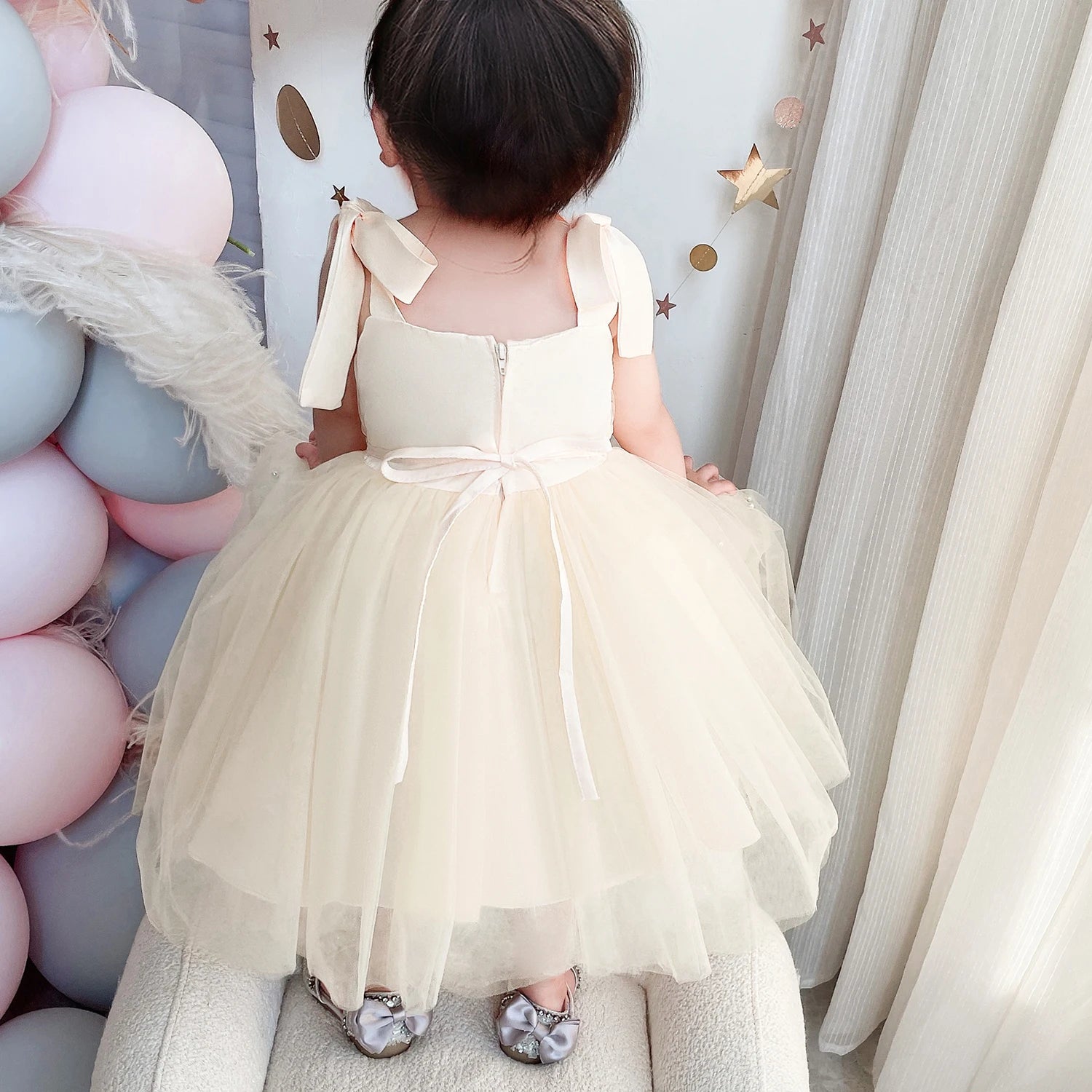 Baby Girl Tulle Dress Fluffy Champagne Sleeveless Lace Gown by Baby Minaj Cruz