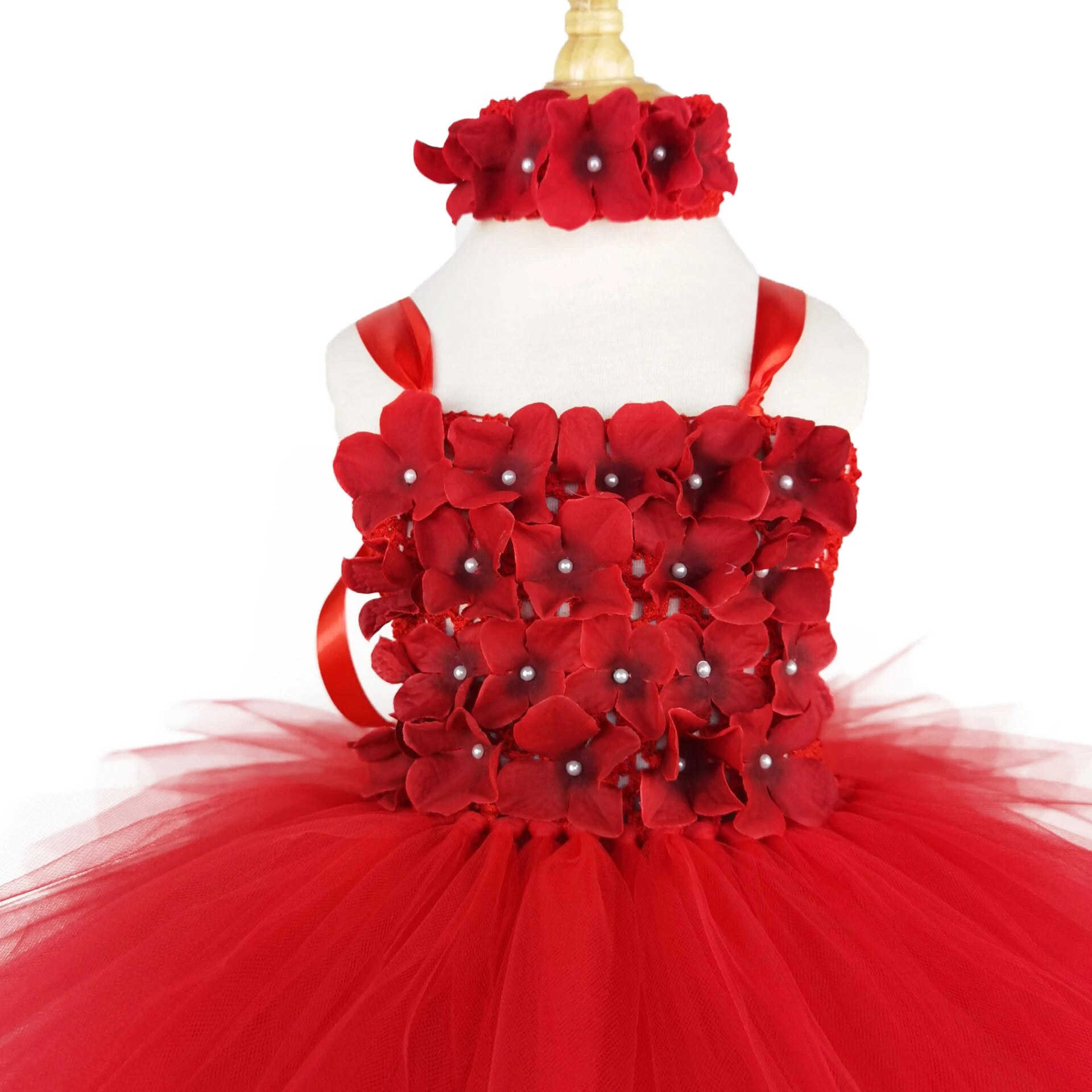 Red Flower Petals Tutu Dress With Crochet by Baby Minaj Cruz