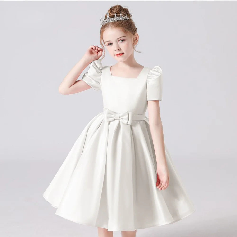 Satin Short Sleeves Flower Girl Princess Dress White by Baby Minaj Cruz