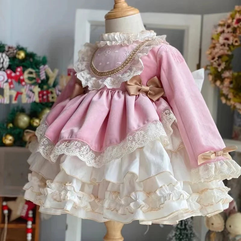 Baby Girl Velvet Christmas Dress Vintage Elegant Bow Tutu For Toddlers pink by Baby Minaj Cruz