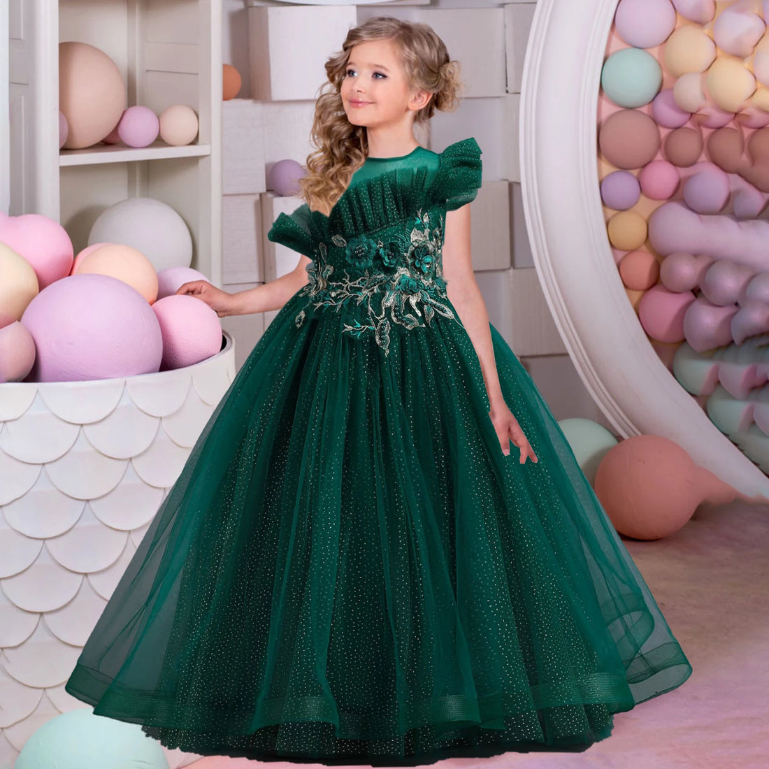 Tulle Flower Girl Dress with floral embroidery green by Baby Minaj Cruz