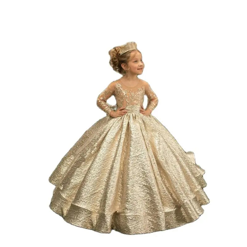 Floor Length Gold Fluffy Flower Girl Dress by Baby Minaj Cruz