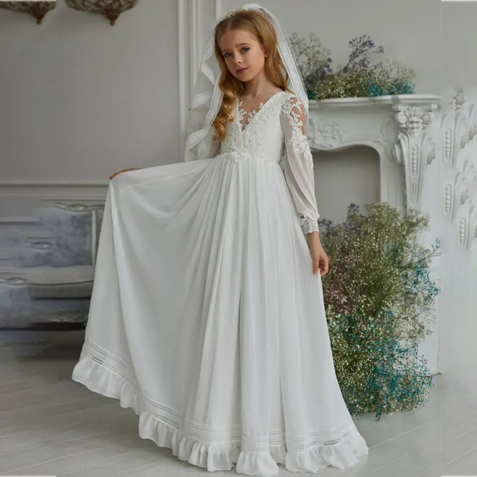 Long Sleeves Princess Boho Flower Girl Dresses ivory by Baby Minaj Cruz