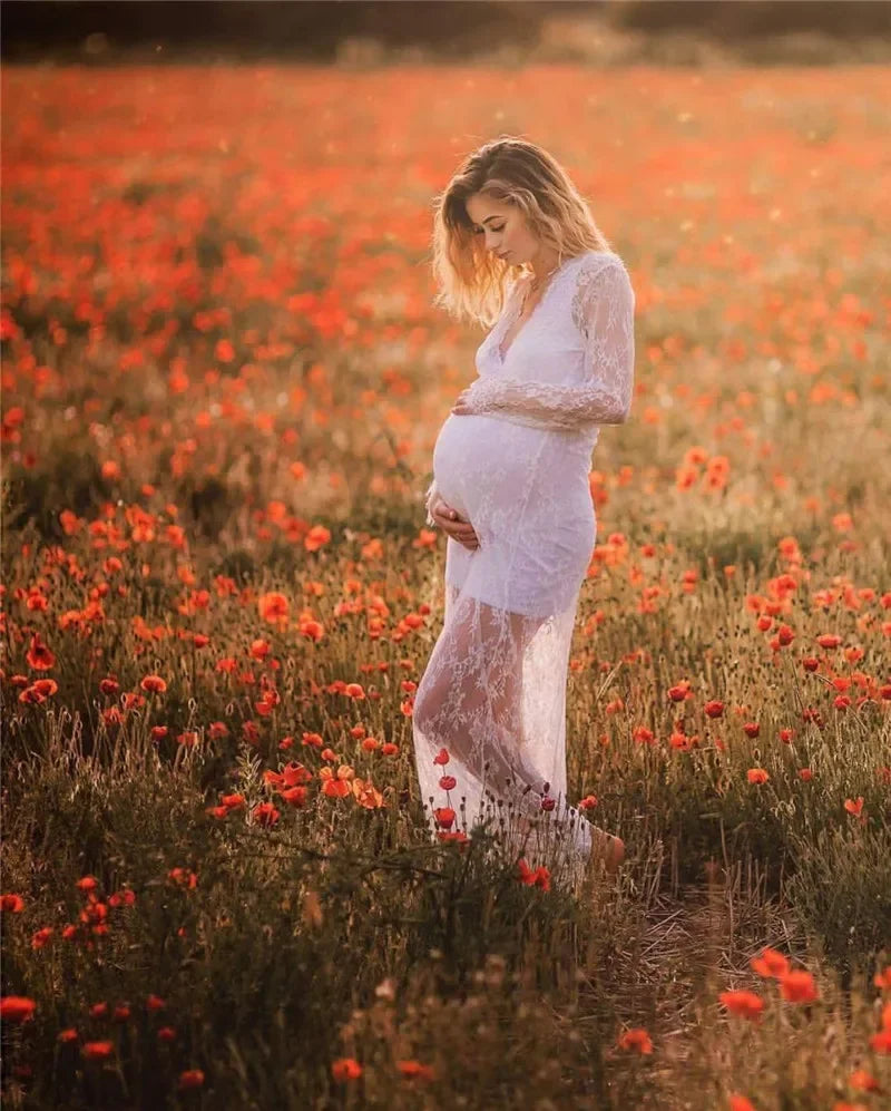 Women V-neck Lace Maternity Maxi Dresses by Baby Minaj Cruz