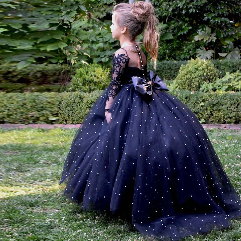 Navy Blue Floor Length Appliques Flower Girl Dress by Baby Minaj Cruz