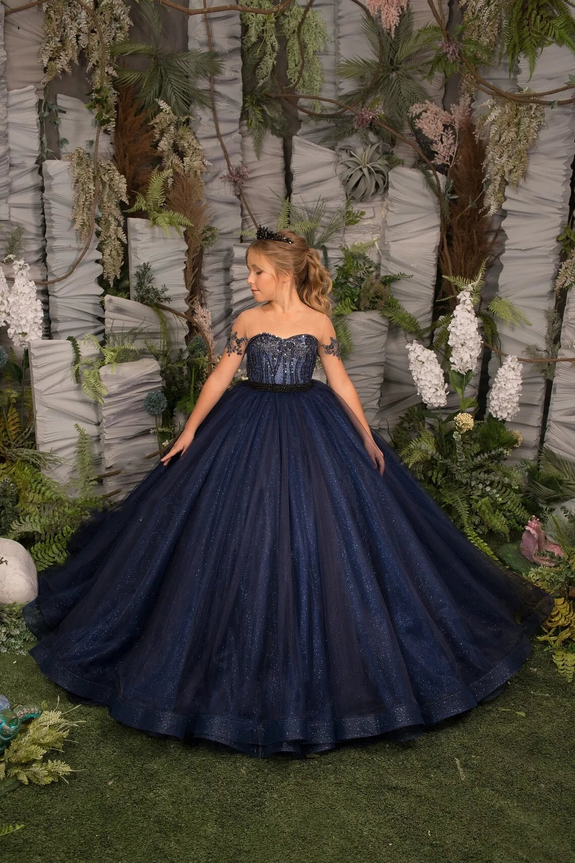 Appliques Navy Blue Princess Flower Girl Dress Blue by Baby Minaj Cruz