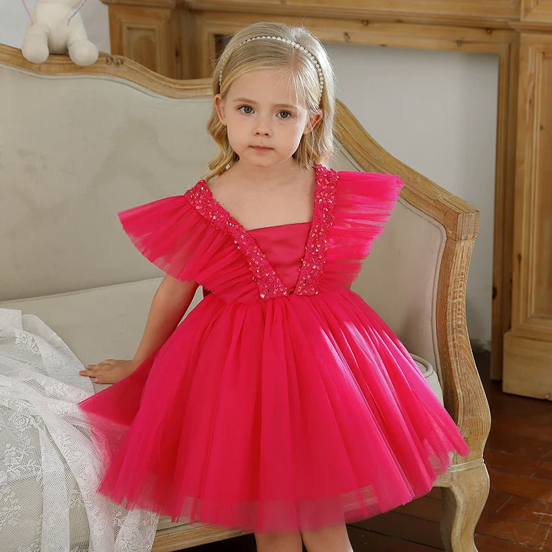 Summer Sequin Fluffy Flower Girl Dress DARK PINK by Baby Minaj Cruz