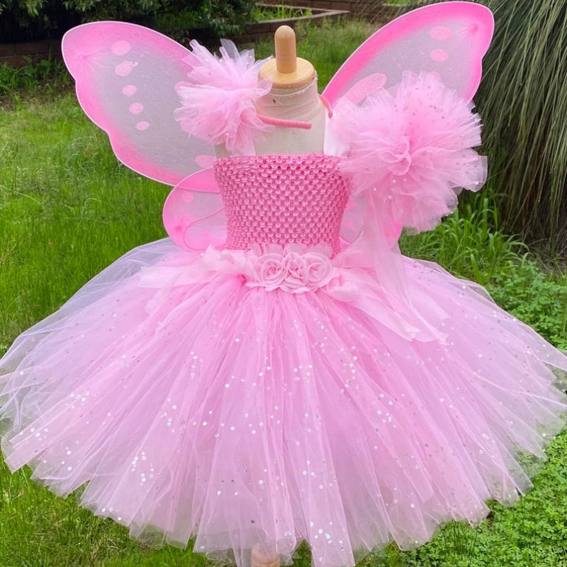 Pink Fairy Dress Knee-Length Tulle Skirt with Wing and Stick Hairbow pink by Baby Minaj Cruz