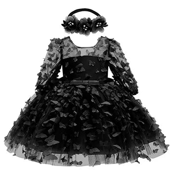 Floral Baby Girl Birthday Dress Mesh Knee Length- For Every Occasion Black USA by Baby Minaj Cruz
