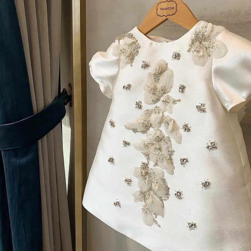 Toddler Pearl Beaded Flower Birthday Dress white united state by Baby Minaj Cruz