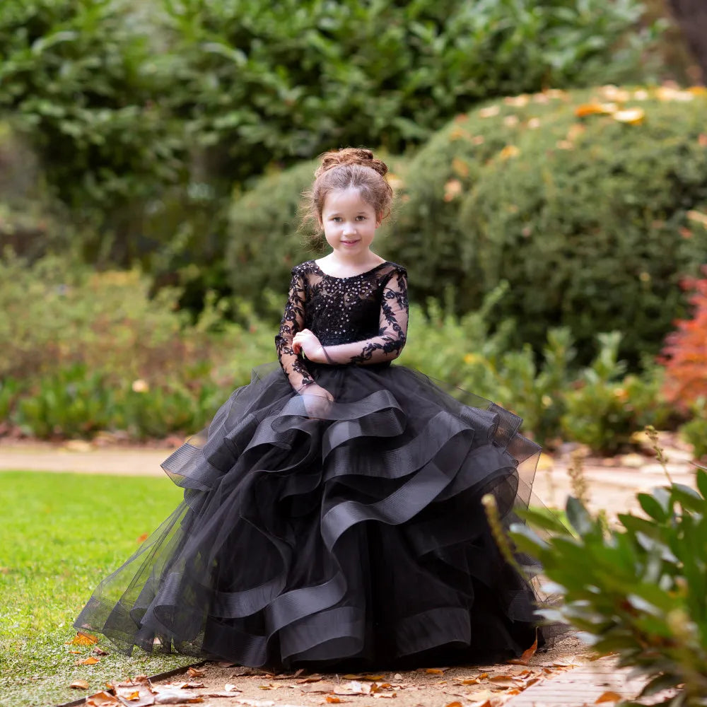 Black Long Sleeves Flower Girl Tulle Dress by Baby Minaj Cruz