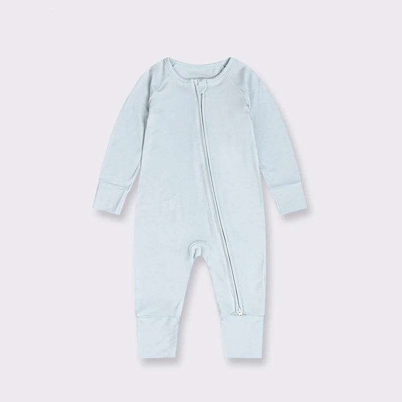Infant Unisex Long Sleeve Zipper Bamboo Baby Rompers Light Blue by Baby Minaj Cruz