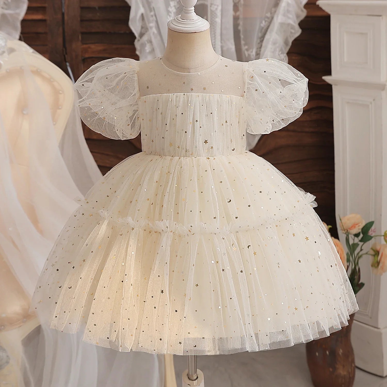 Sequined 1st Birthday Dress For Baby Girl With Tulle champagne by Baby Minaj Cruz