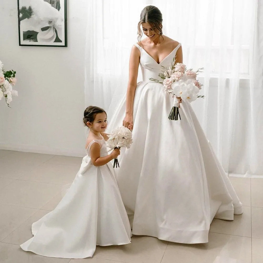 Satin A-line White Flower Girl Dresses by Baby Minaj Cruz