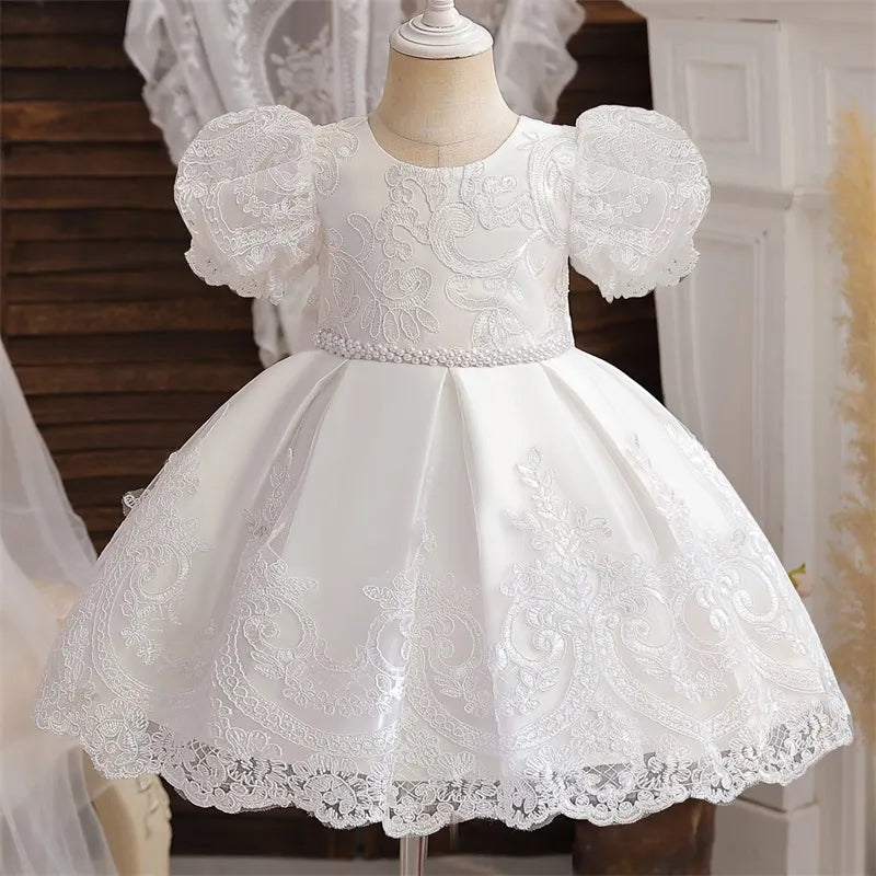 White Lace Flower Girl Dress Puff Sleeve Knee Length For Wedding White by Baby Minaj Cruz