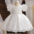 White Lace Flower Girl Dress Puff Sleeve Knee Length For Wedding by Baby Minaj Cruz