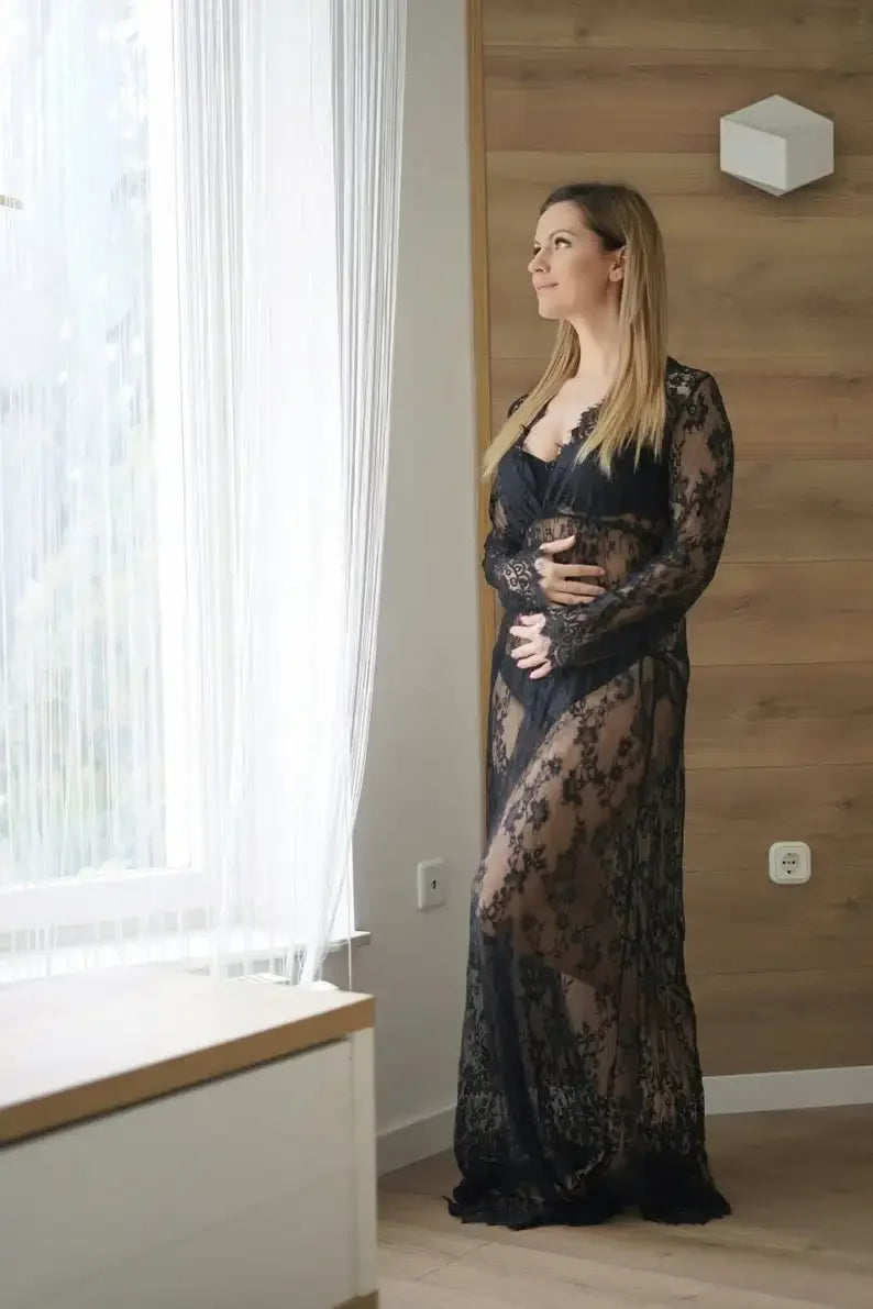 Women V-neck Lace Maternity Maxi Dresses black by Baby Minaj Cruz
