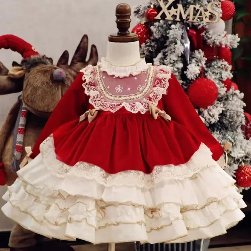 Baby Girl Velvet Christmas Dress Vintage Elegant Bow Tutu For Toddlers red by Baby Minaj Cruz