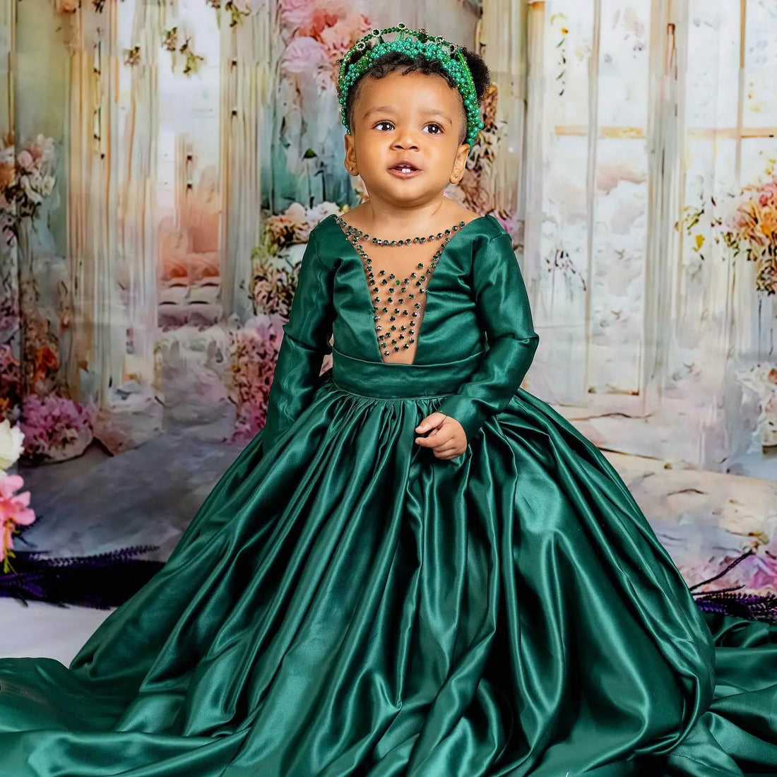 Dark Green Beaded Flower Girls Dresses by Baby Minaj Cruz