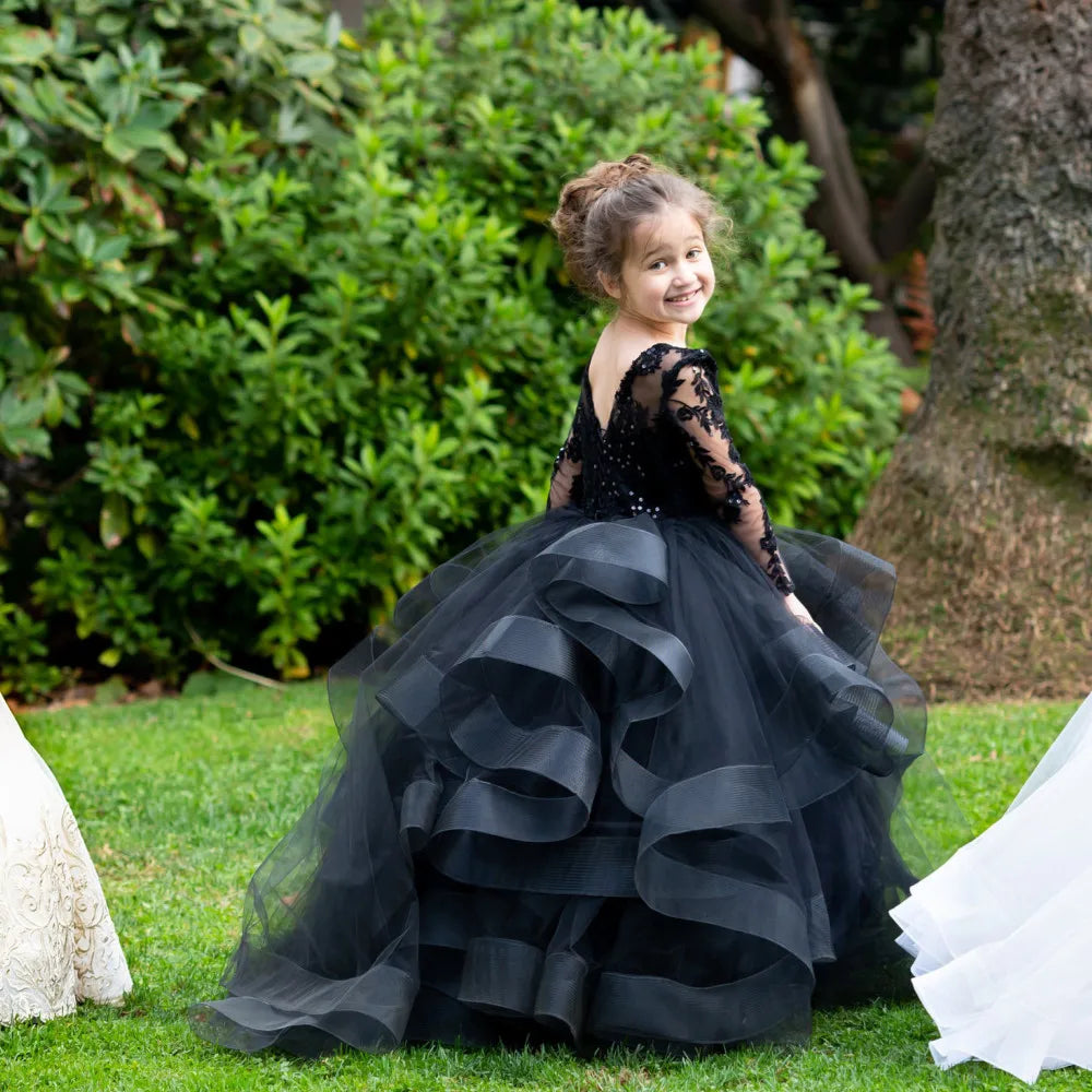 Black Long Sleeves Flower Girl Tulle Dress Black united state by Baby Minaj Cruz