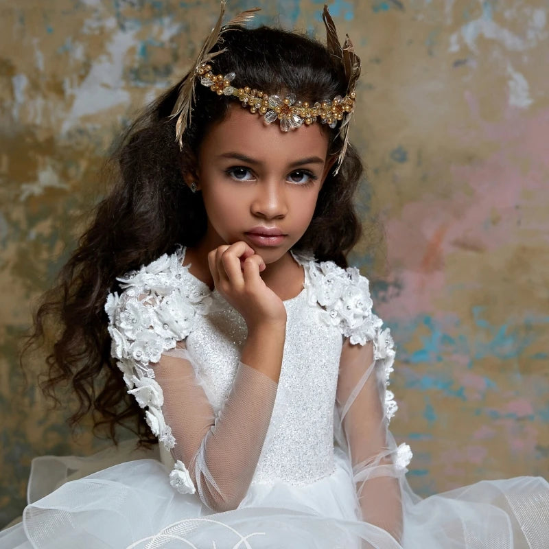 Knee Length Sequin Tulle Flower Girl Dresses White by Baby Minaj Cruz
