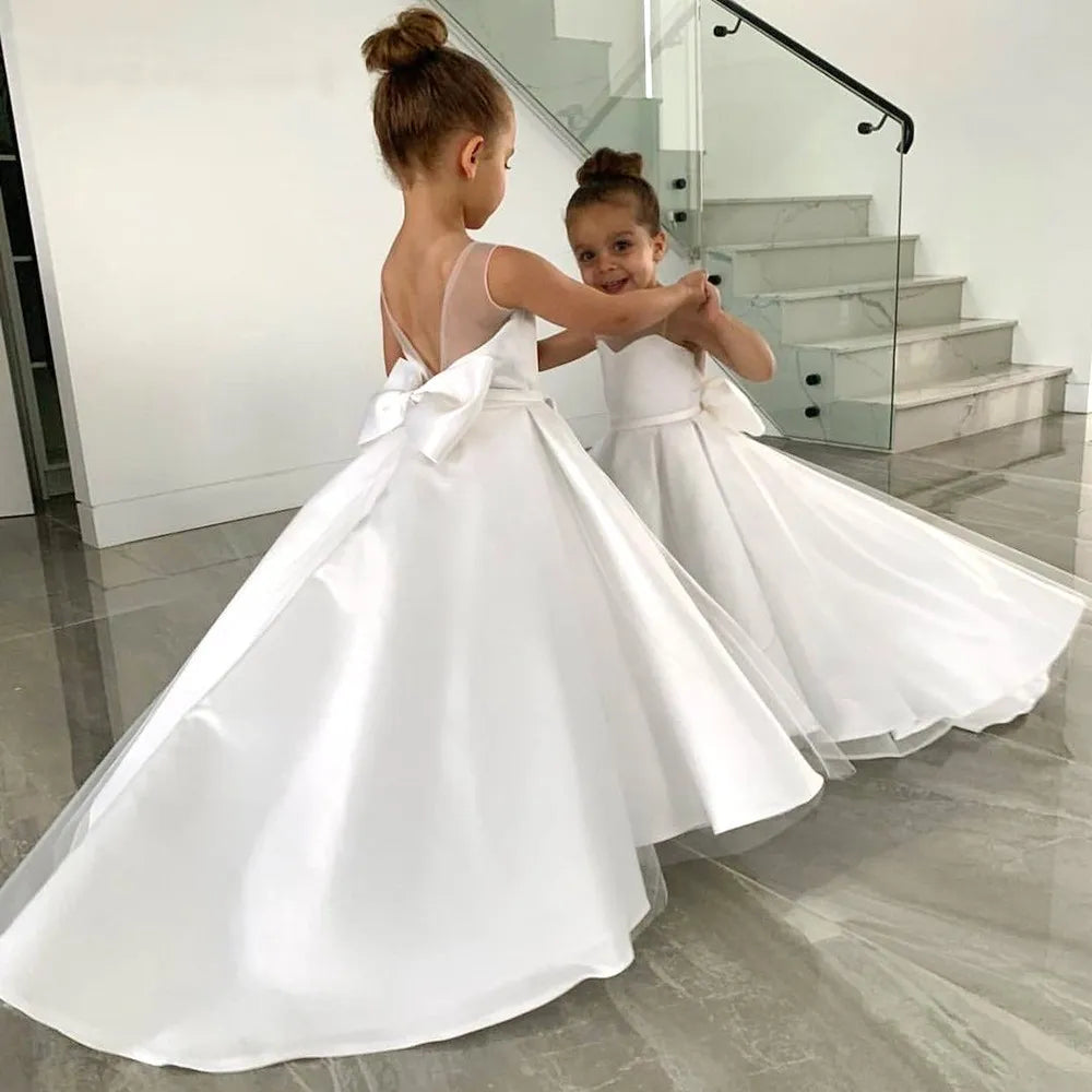 Satin A-line White Flower Girl Dresses by Baby Minaj Cruz
