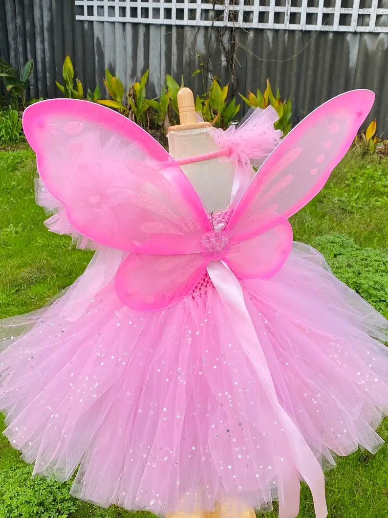 Pink Fairy Dress Knee-Length Tulle Skirt with Wing and Stick Hairbow pink by Baby Minaj Cruz