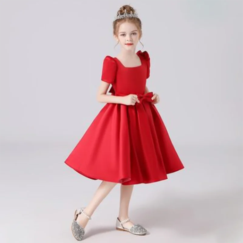 Satin Short Sleeves Flower Girl Princess Dress Red by Baby Minaj Cruz