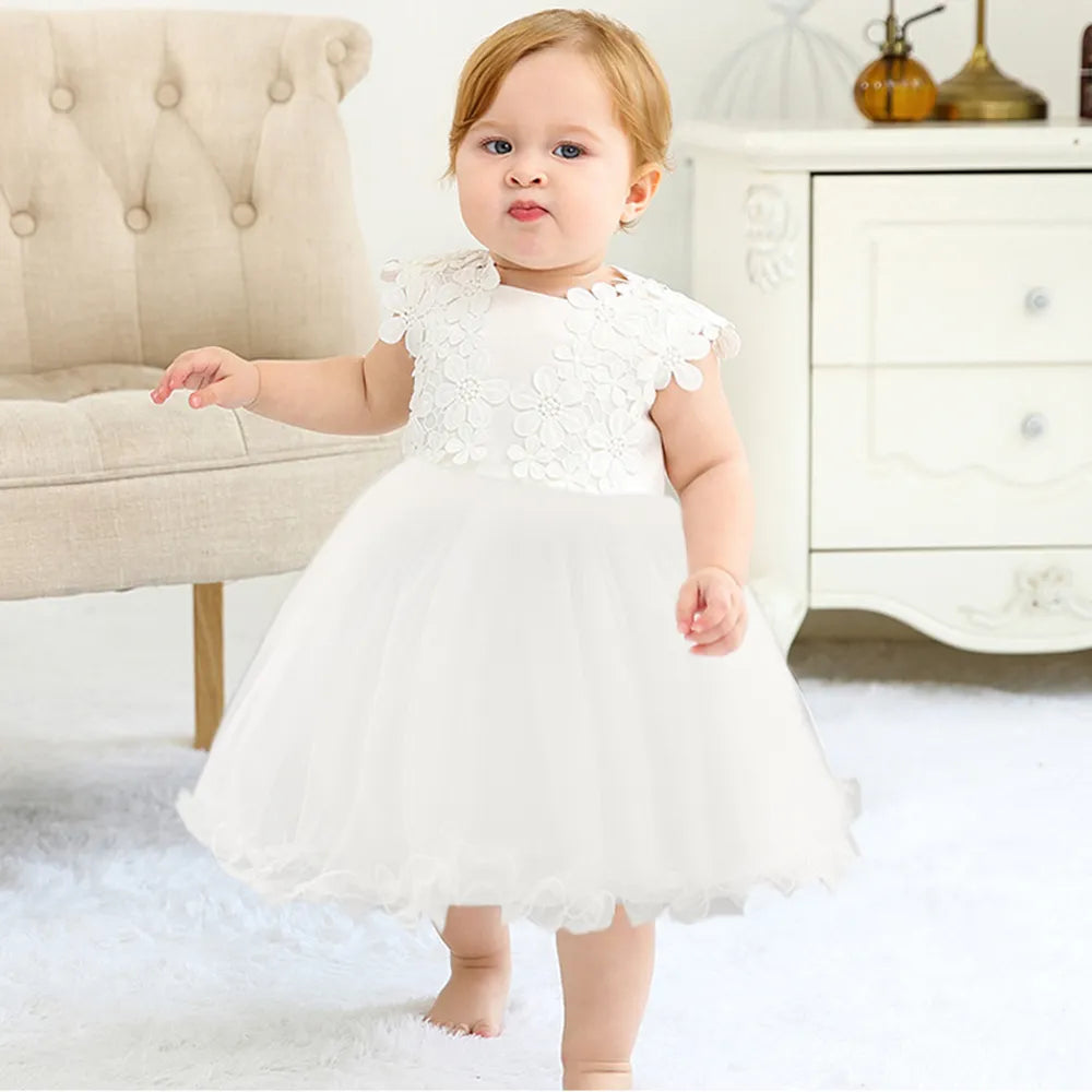Toddler White Lace Flower Tulle Dress by Baby Minaj Cruz
