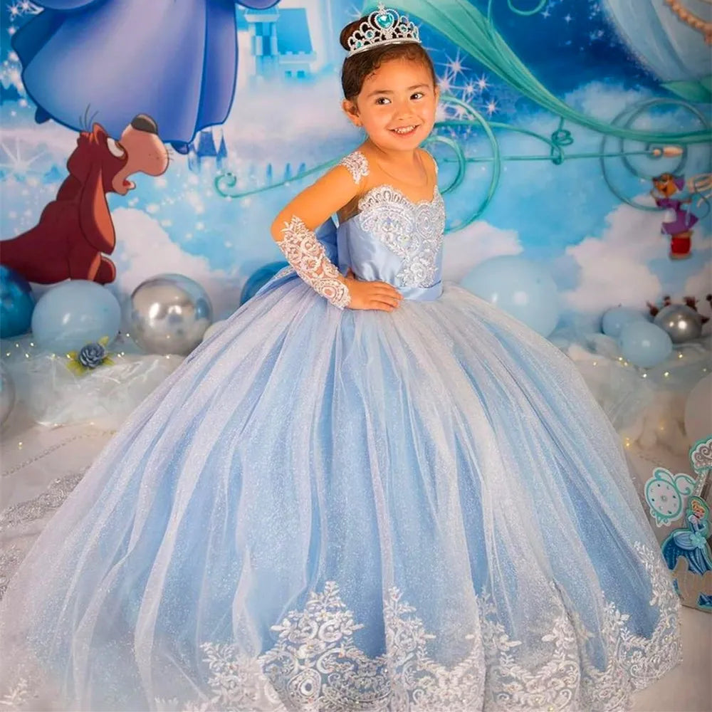 Light Blue Flower Girl Dress Toddler Long Sleeve by Baby Minaj Cruz