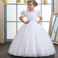 Bubble Sleeve Sequins Flower Girl Dress white by Baby Minaj Cruz