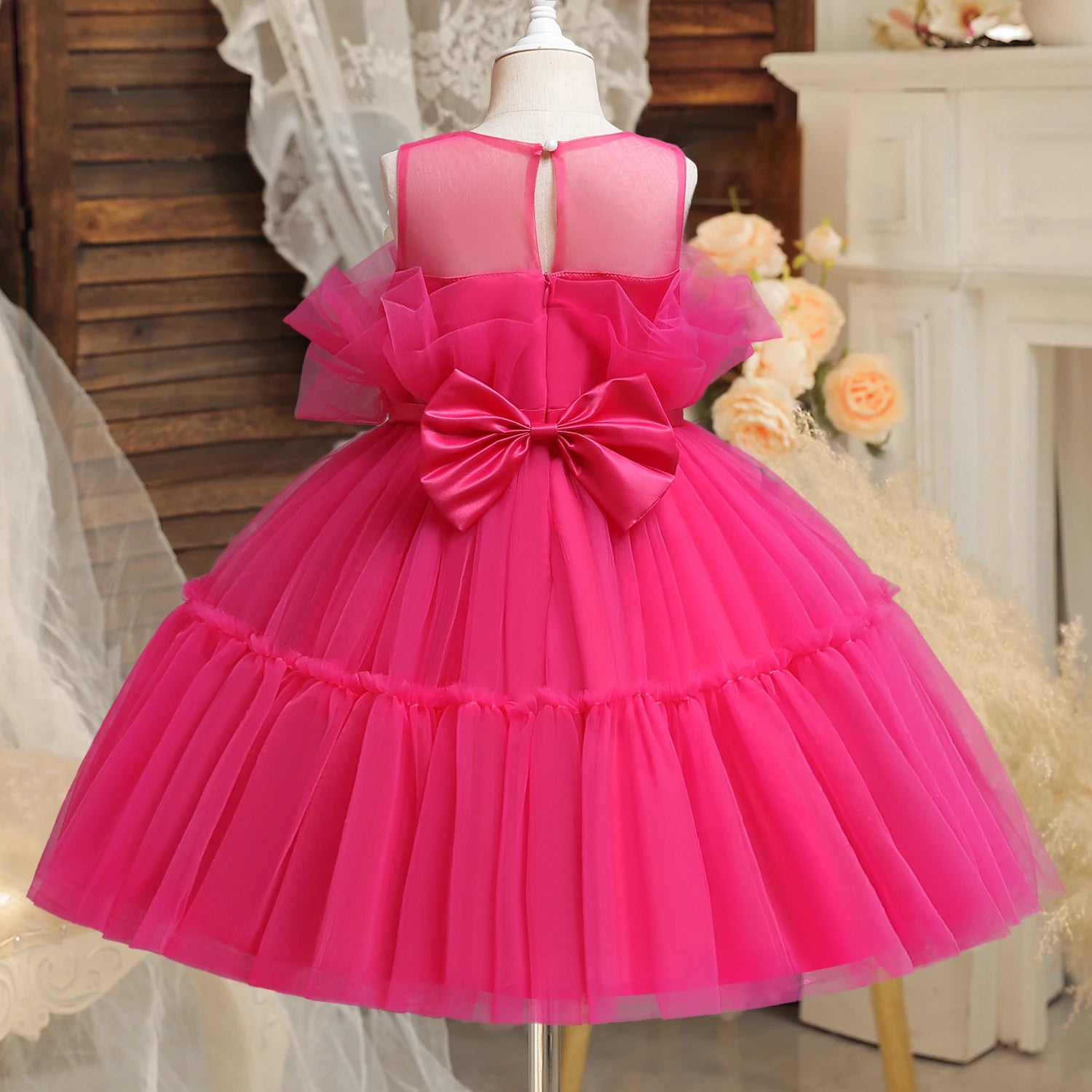 Prom Bowknot Tulle Flower Girl Knee Length Dresses rose red by Baby Minaj Cruz