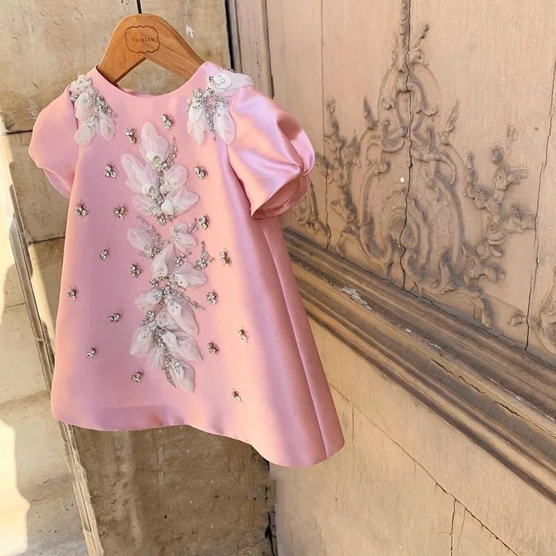 Toddler Pearl Beaded Flower Birthday Dress pink united state by Baby Minaj Cruz