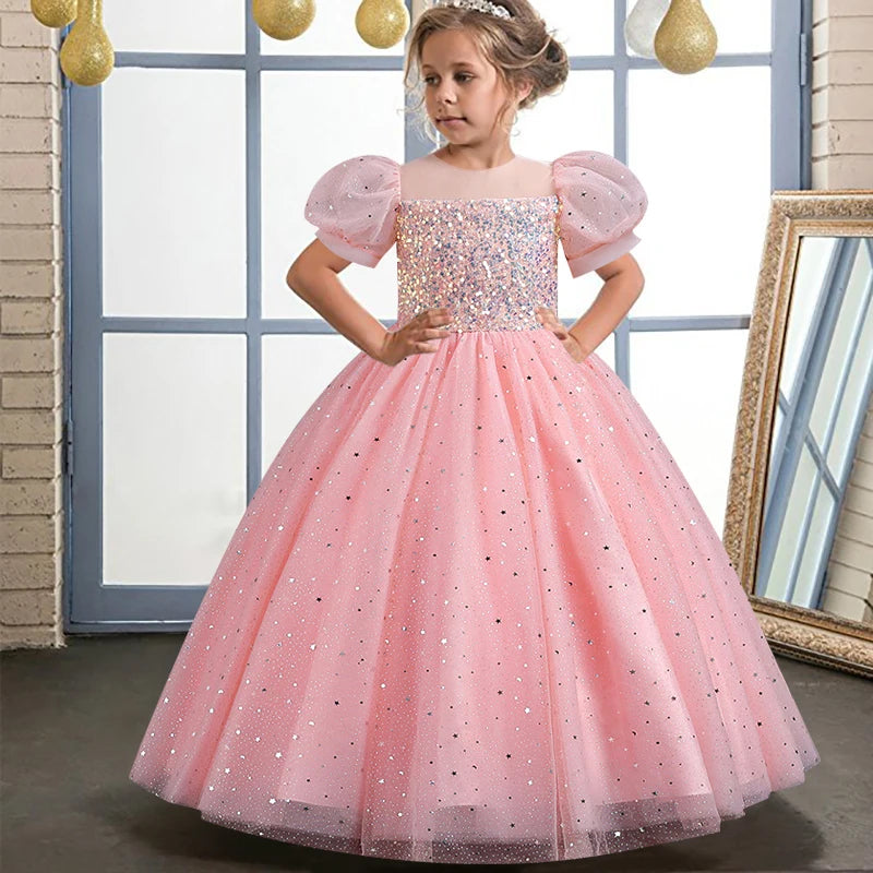 Bubble Sleeve Sequins Flower Girl Dress pink by Baby Minaj Cruz