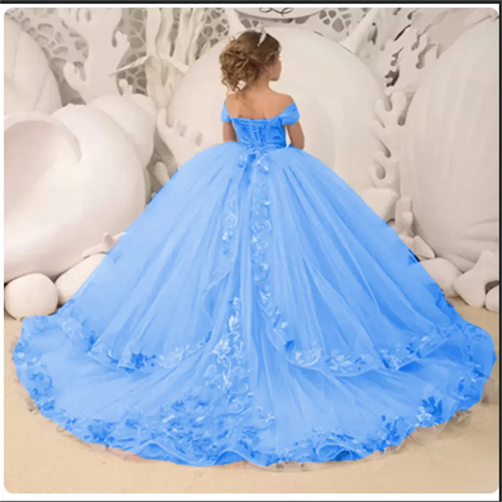 Elegance Off The Shoulder Fluffy Flower Girl Dresses blue united state by Baby Minaj Cruz