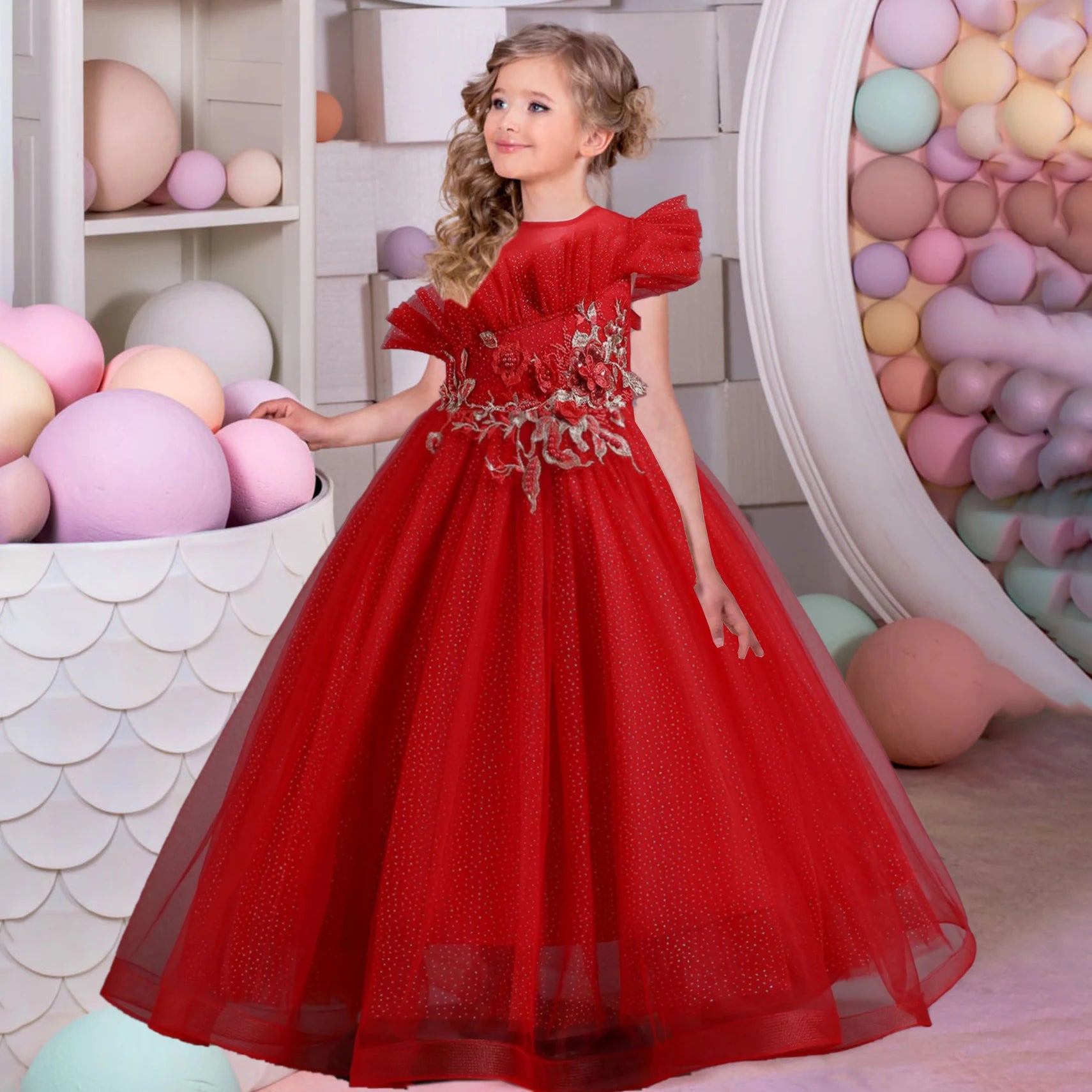 Tulle Flower Girl Dress with floral embroidery red by Baby Minaj Cruz
